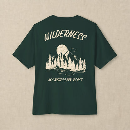 Green t-shirt with a nature-themed design and text on the back against a white background