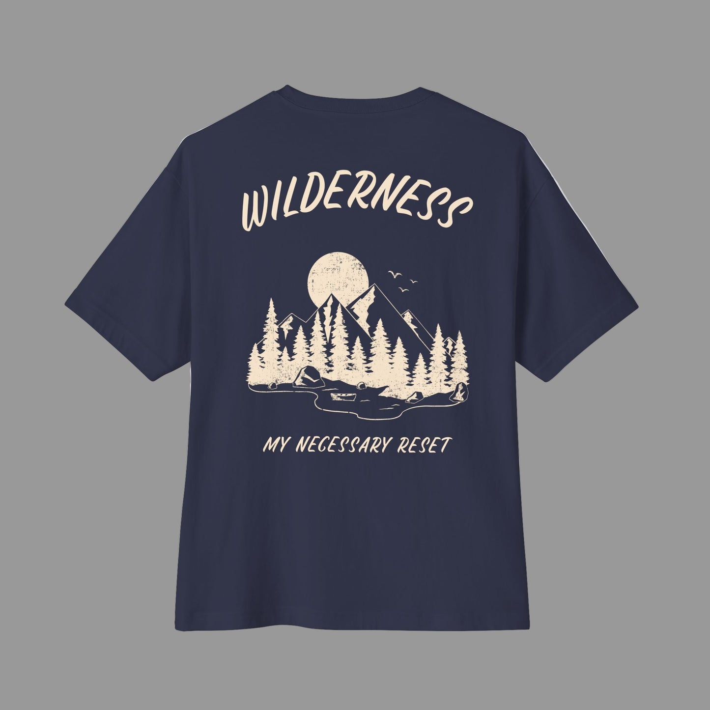 Navy blue t-shirt with white graphic and text on a white background