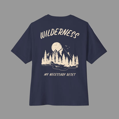 Navy blue t-shirt with white graphic and text on a white background