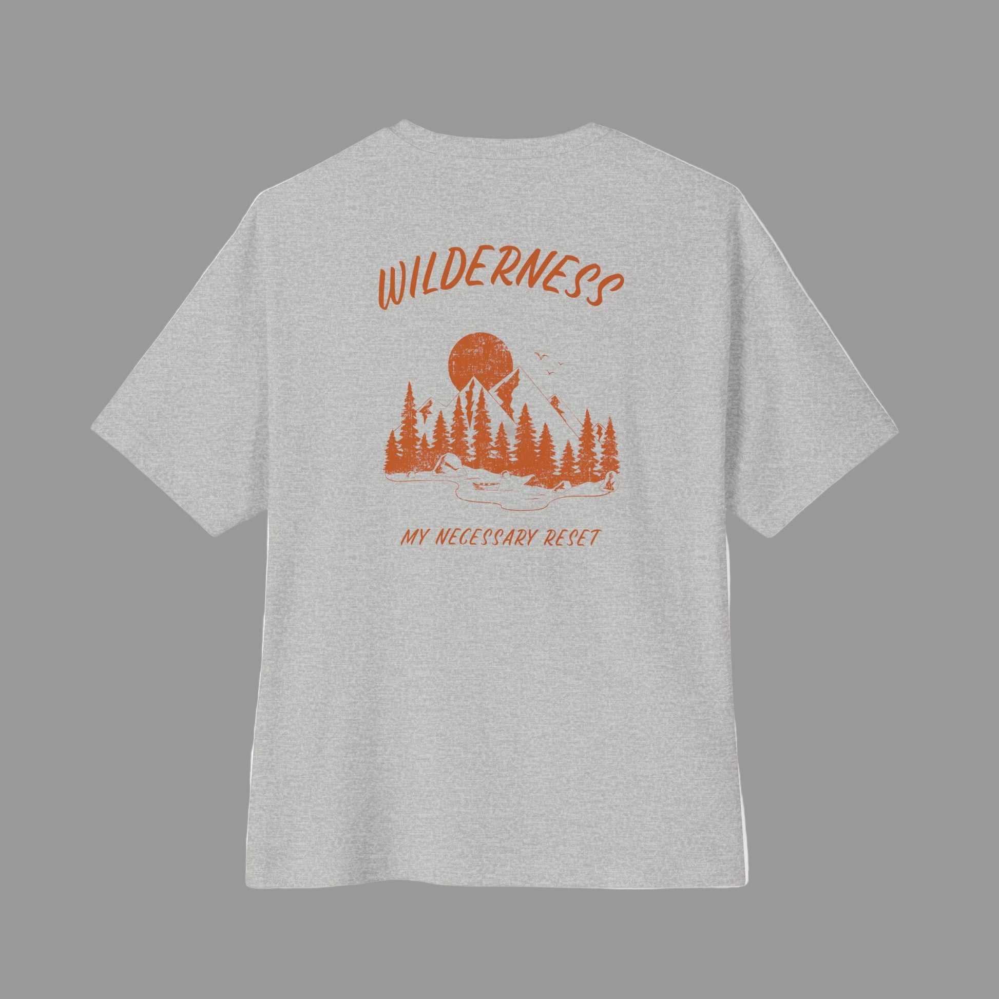 Gray t-shirt with orange graphic and text on a white background