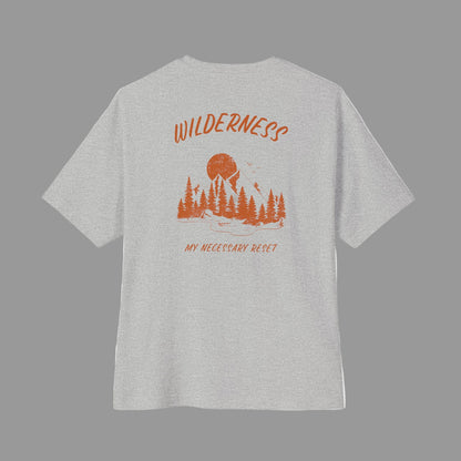Gray t-shirt with orange graphic and text on a white background