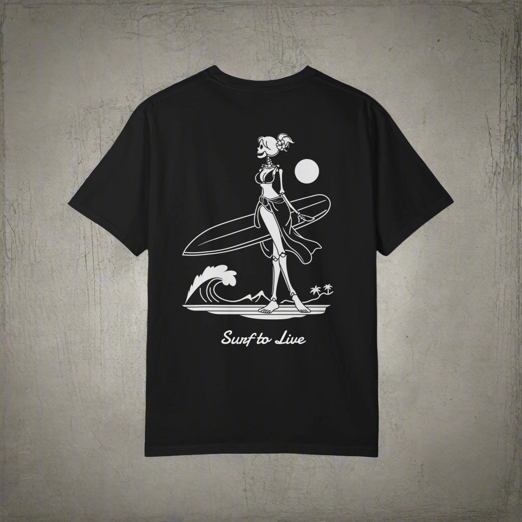 Black t-shirt with a white graphic of a surfer and 'Surf to Live' text on a white background