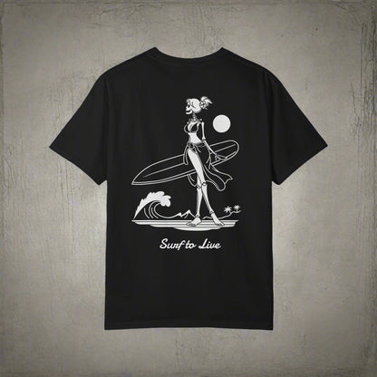 Black t-shirt with a white graphic of a surfer and 'Surf to Live' text on a white background