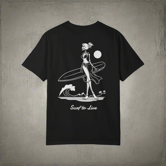 Black t-shirt with a white graphic of a surfer and 'Surf to Live' text on a white background