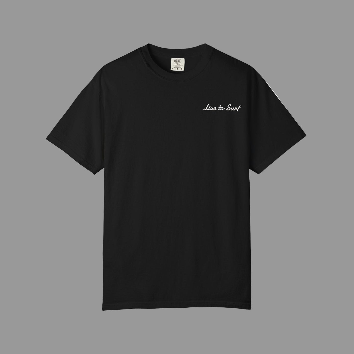 Black t-shirt with 'Live to Surf' text on a white background