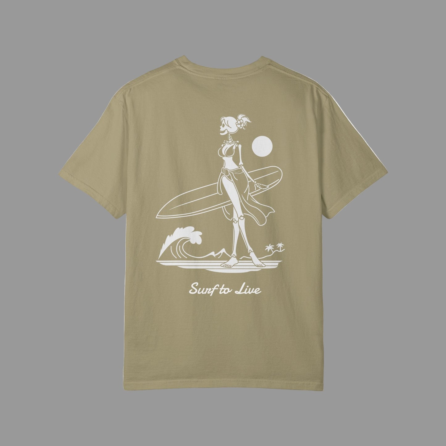 Olive green t-shirt with a white graphic design on the back featuring a skeleton surfer and text 'Surf to Live'.