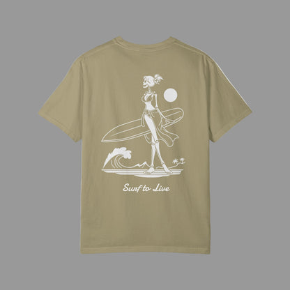 Olive green t-shirt with a white graphic design on the back featuring a skeleton surfer and text 'Surf to Live'.