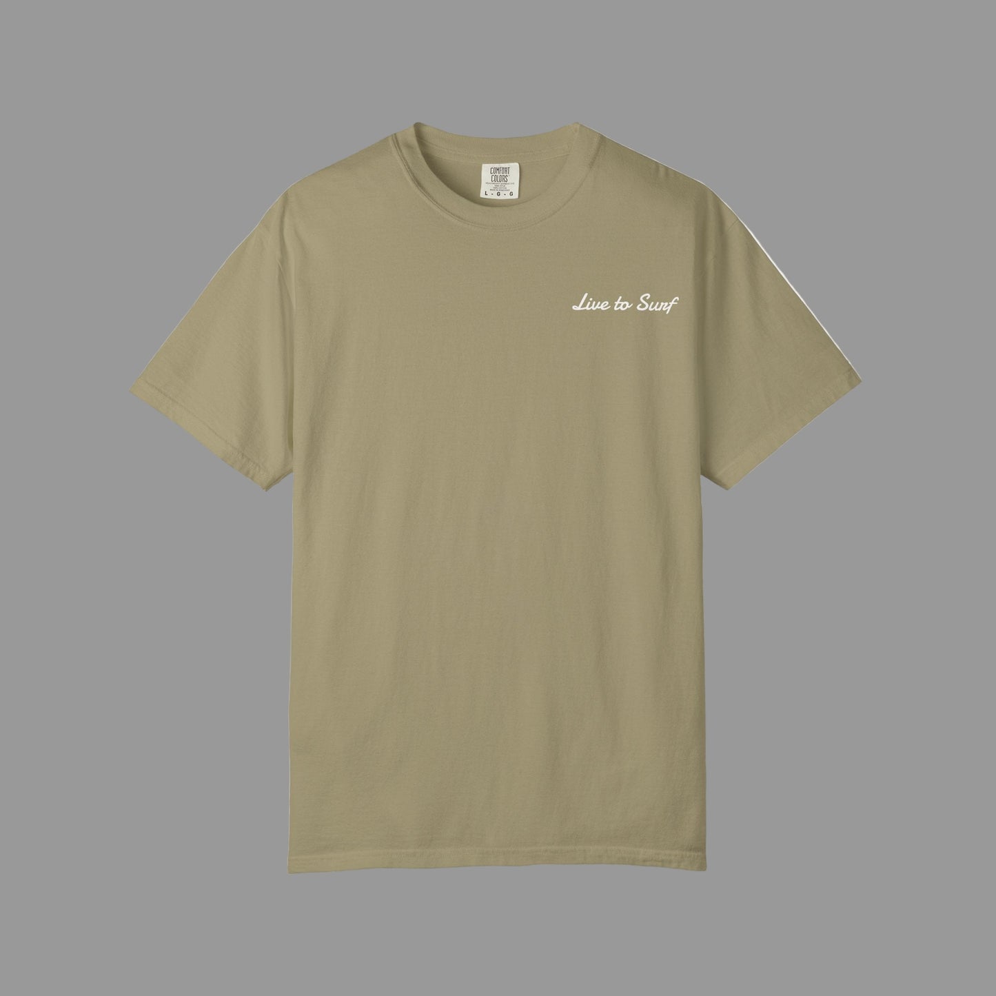 Beige t-shirt with 'Live to Surf' text on a white background