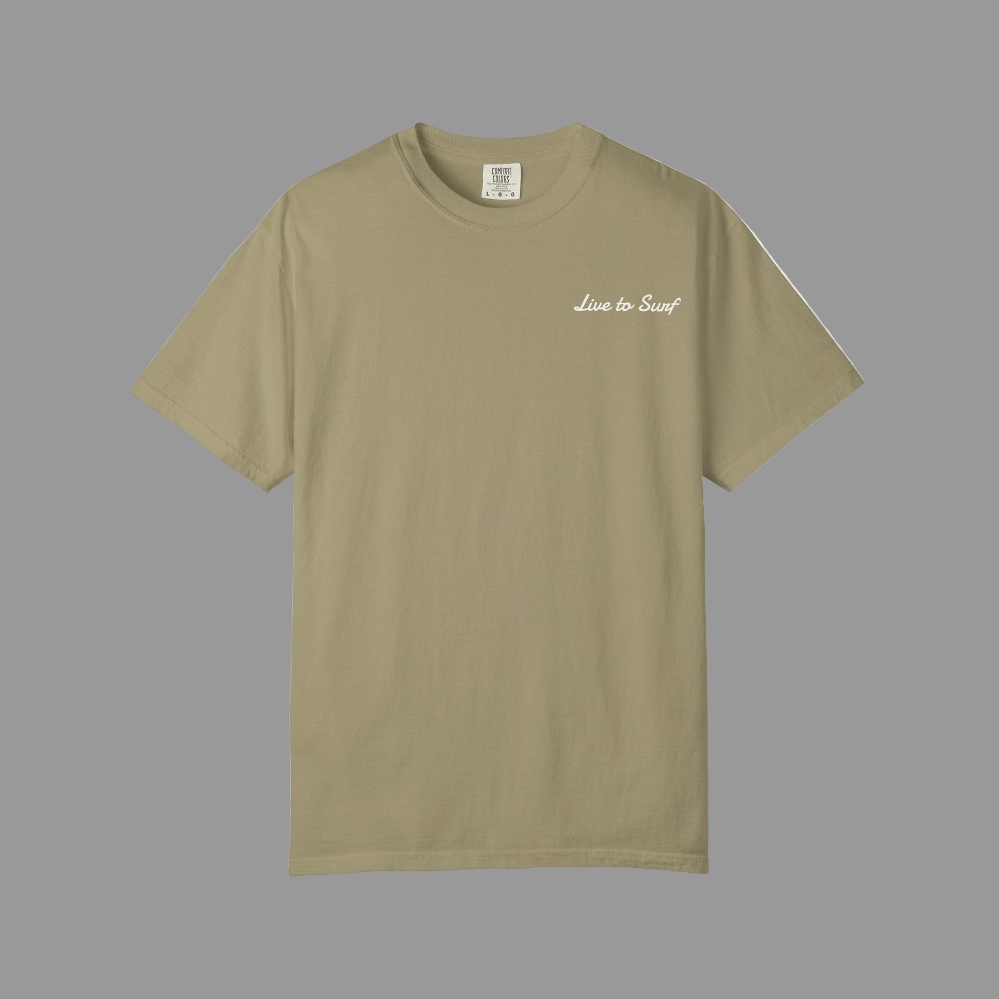 Beige t-shirt with 'Live to Surf' text on a white background