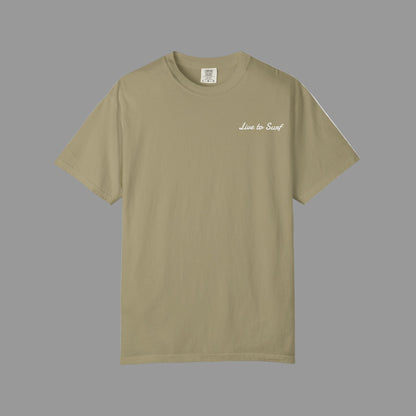 Beige t-shirt with 'Live to Surf' text on a white background