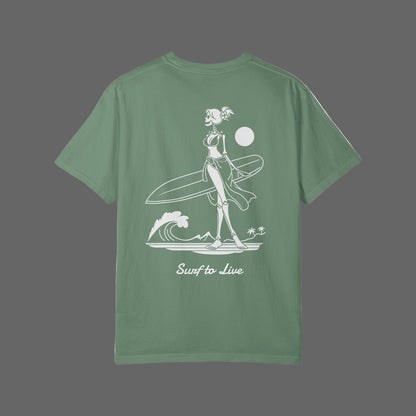 Green t-shirt with a white graphic design on the back featuring a skeleton surfer and text 'Surf to Live'.