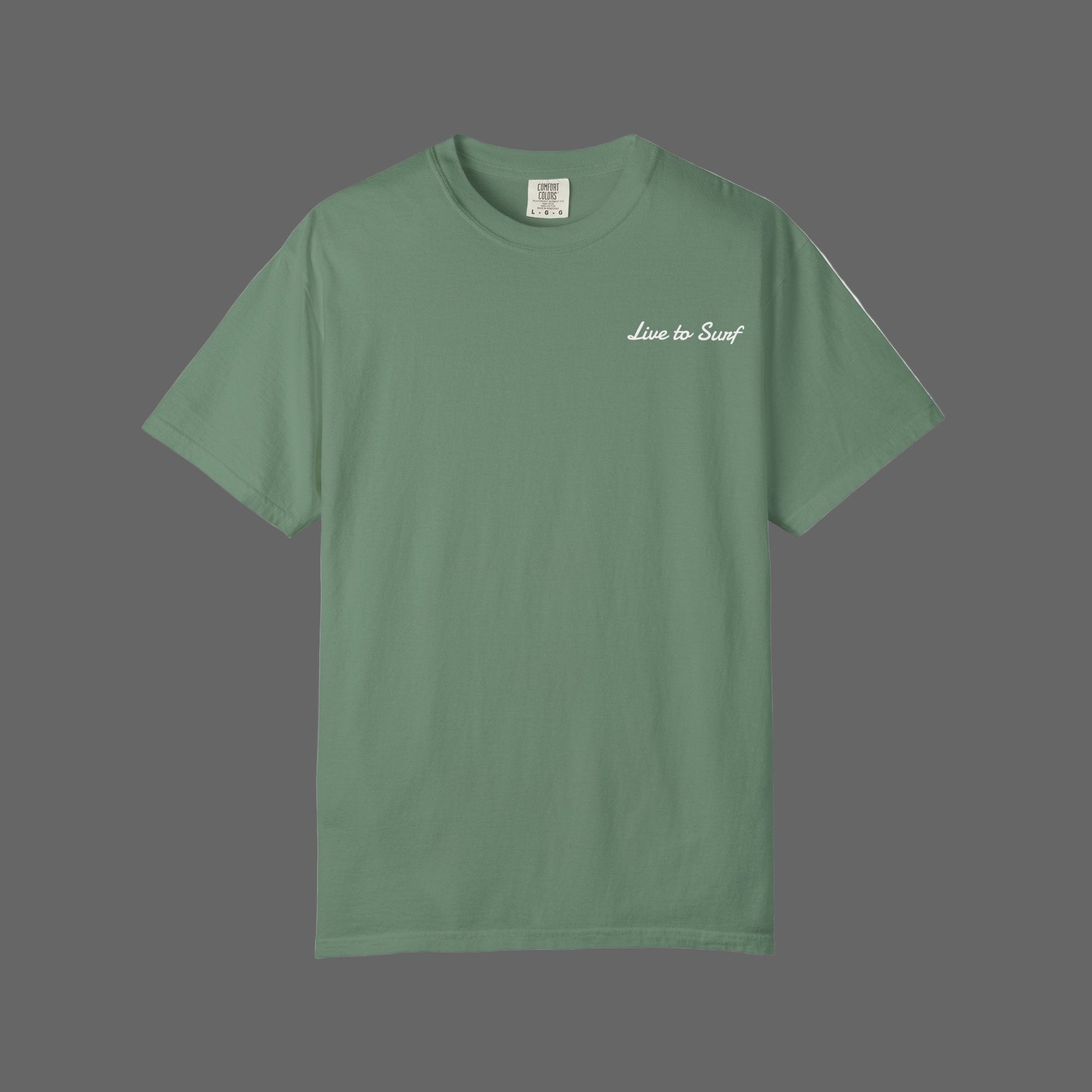 Green t-shirt with 'Live to Surf' text on a white background