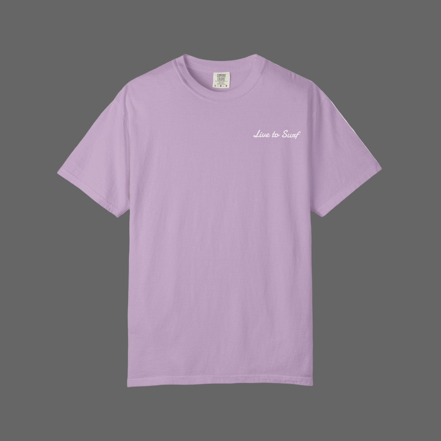 Purple t-shirt with 'Live to Surf' text on a white background
