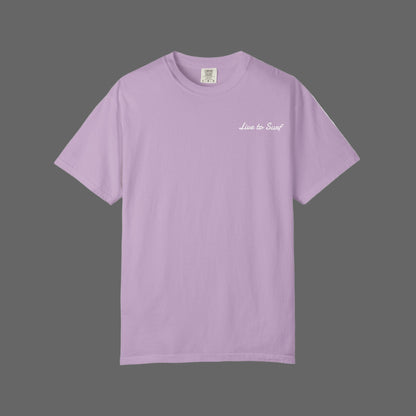 Purple t-shirt with 'Live to Surf' text on a white background