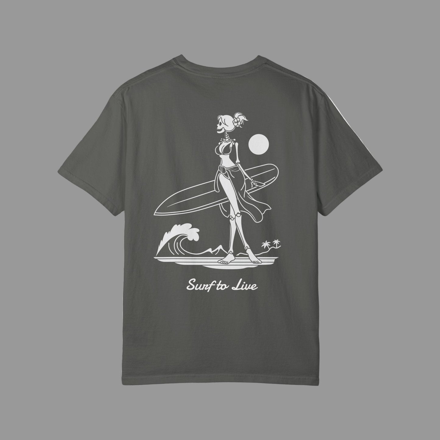 Gray t-shirt with a white graphic of a woman with a surfboard and 'Surf to Live' text on a white background