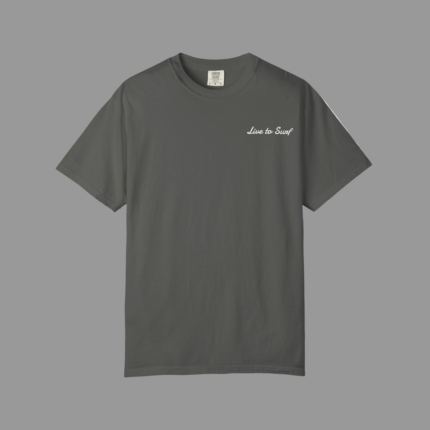 Gray t-shirt with 'Live to Surf' text on a white background