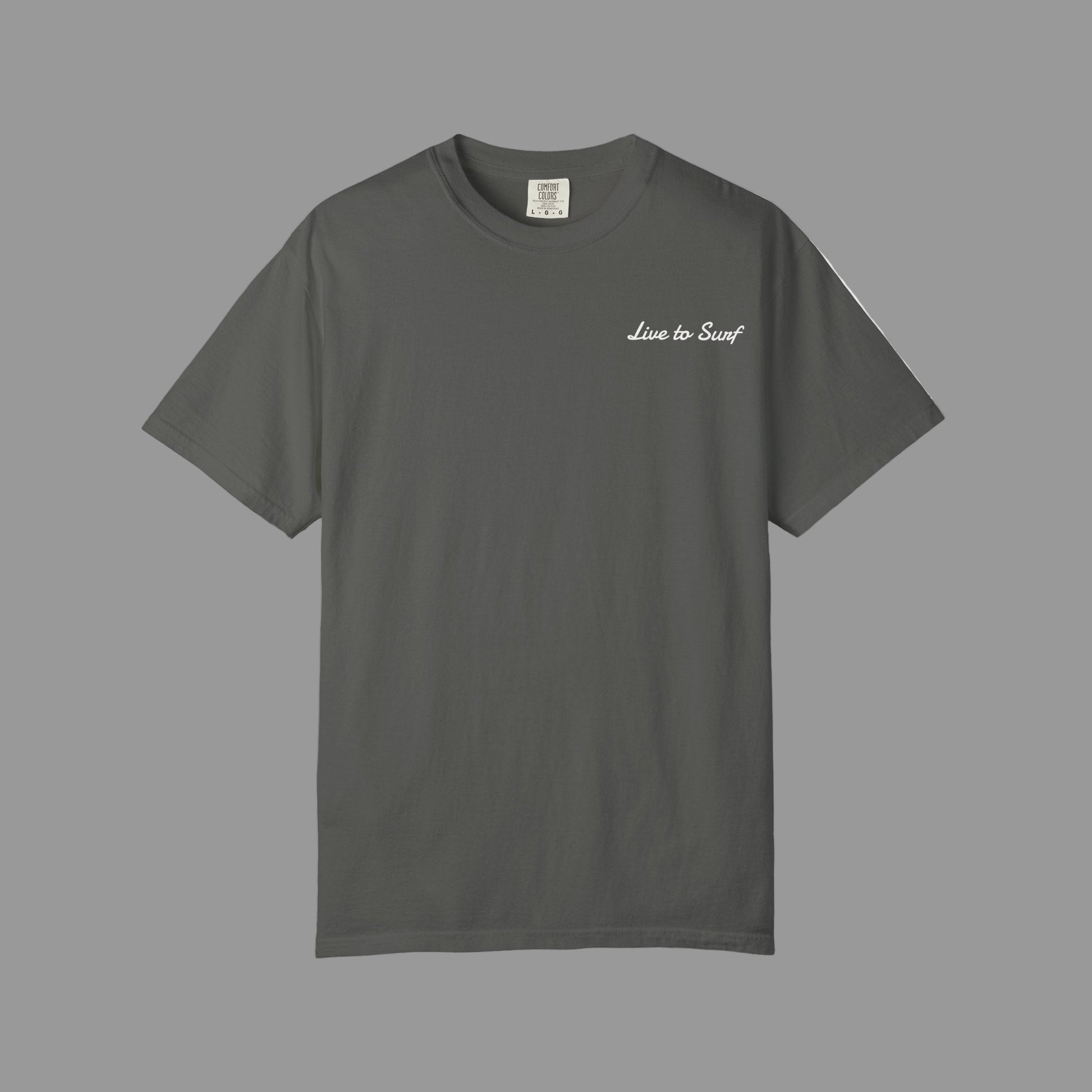 Gray t-shirt with 'Live to Surf' text on a white background
