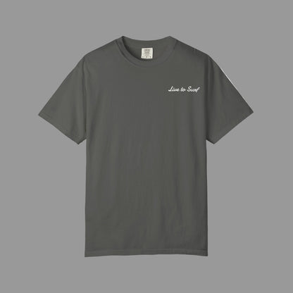 Gray t-shirt with 'Live to Surf' text on a white background