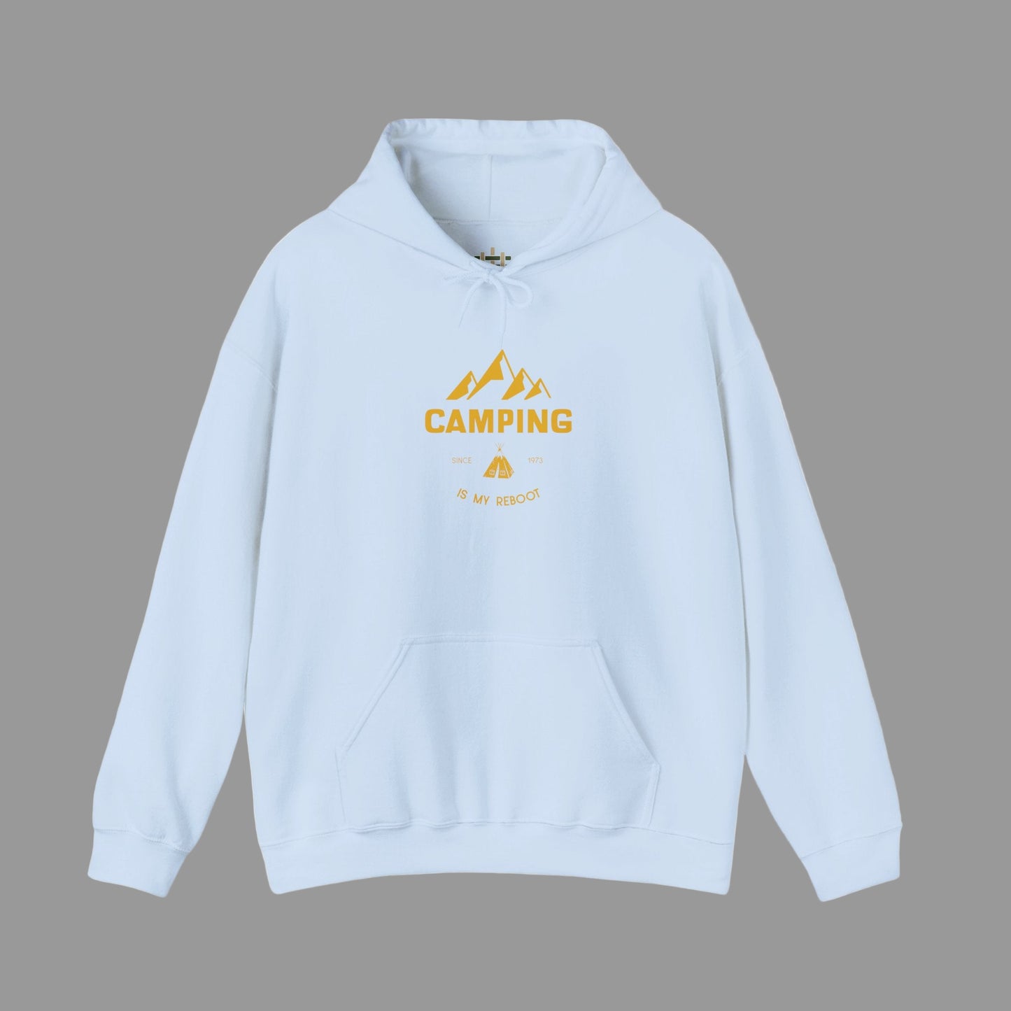 Light blue hoodie with yellow 'Camping' graphic on a white background