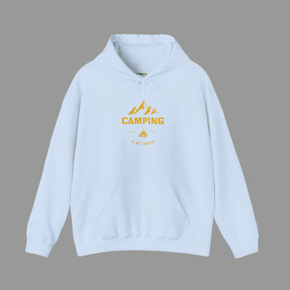 Light blue hoodie with yellow 'Camping' graphic on a white background