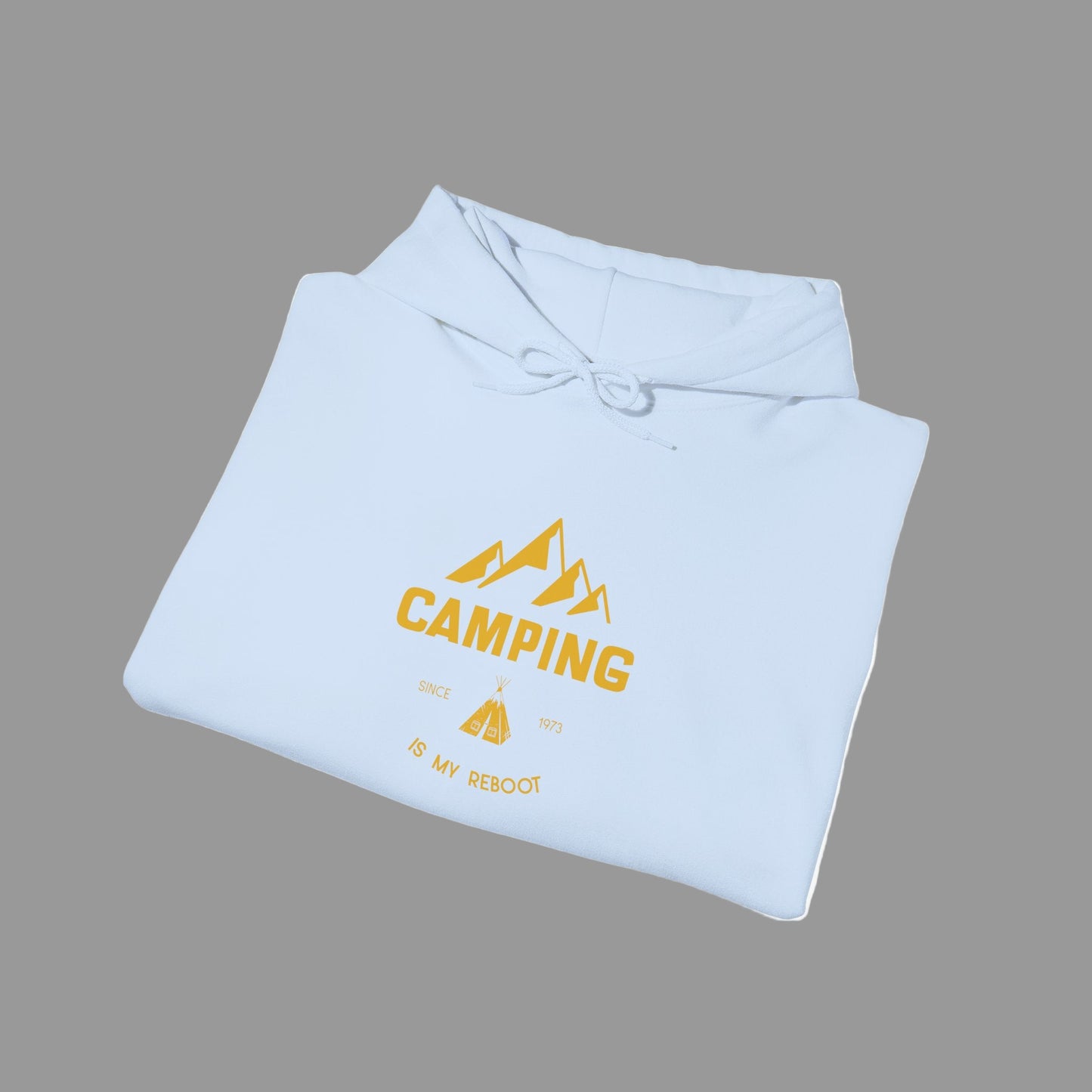 Light blue hoodie with yellow 'Camping is my Rescue' text on a white background