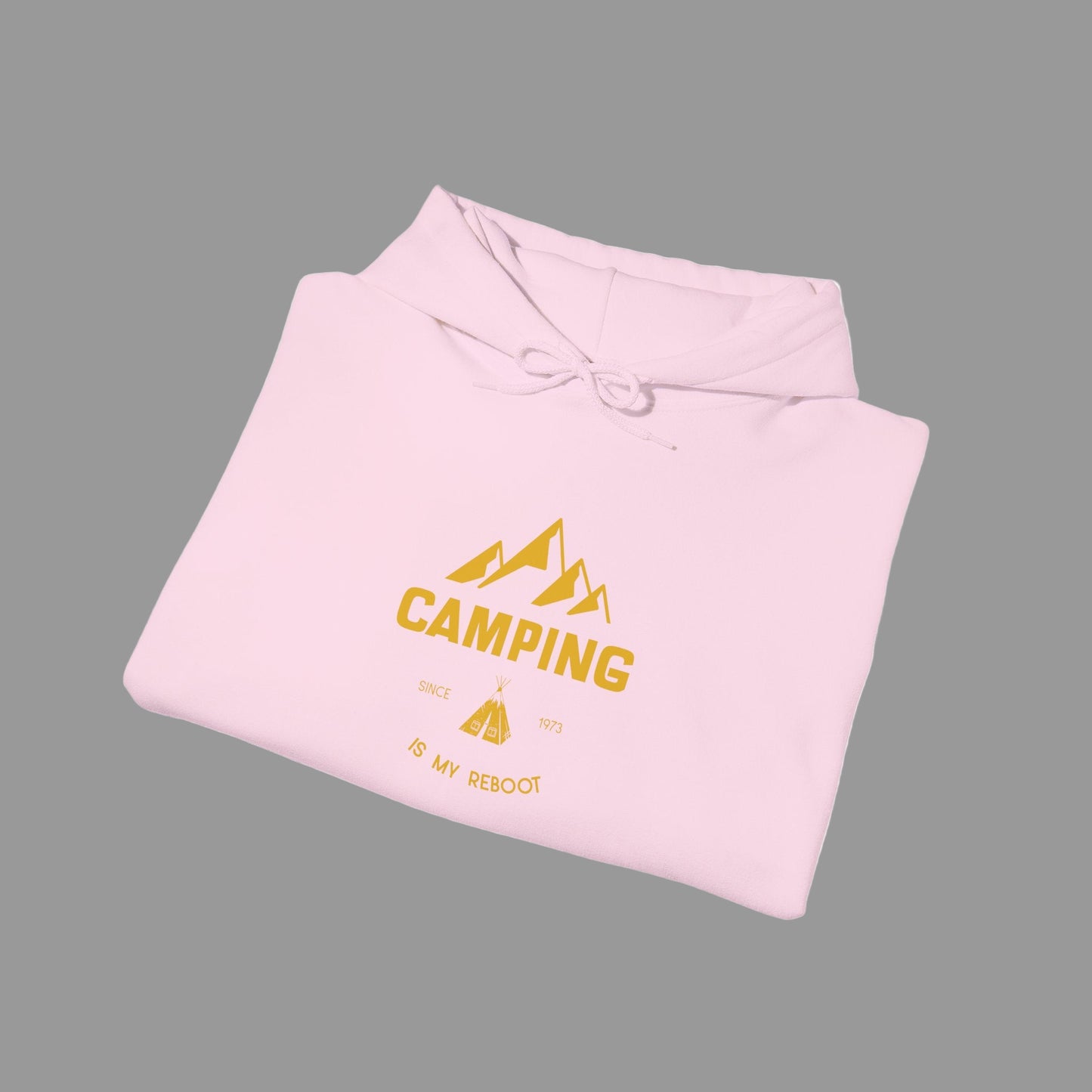 Pink hoodie with yellow 'Camping is my reboot' text on a white background
