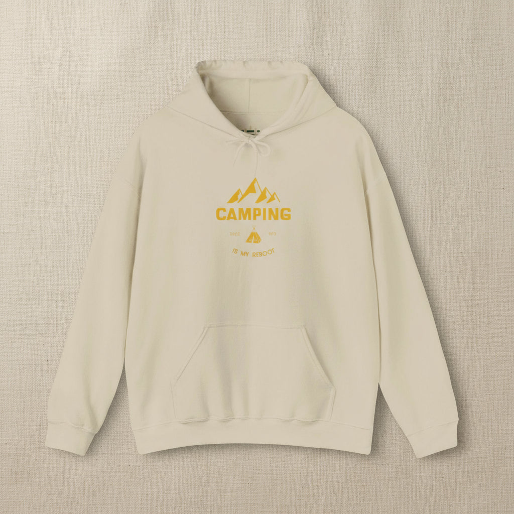 Beige hoodie with yellow 'Camping' graphic on a white background