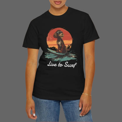 Person wearing a black t-shirt with a graphic design and text on a white background