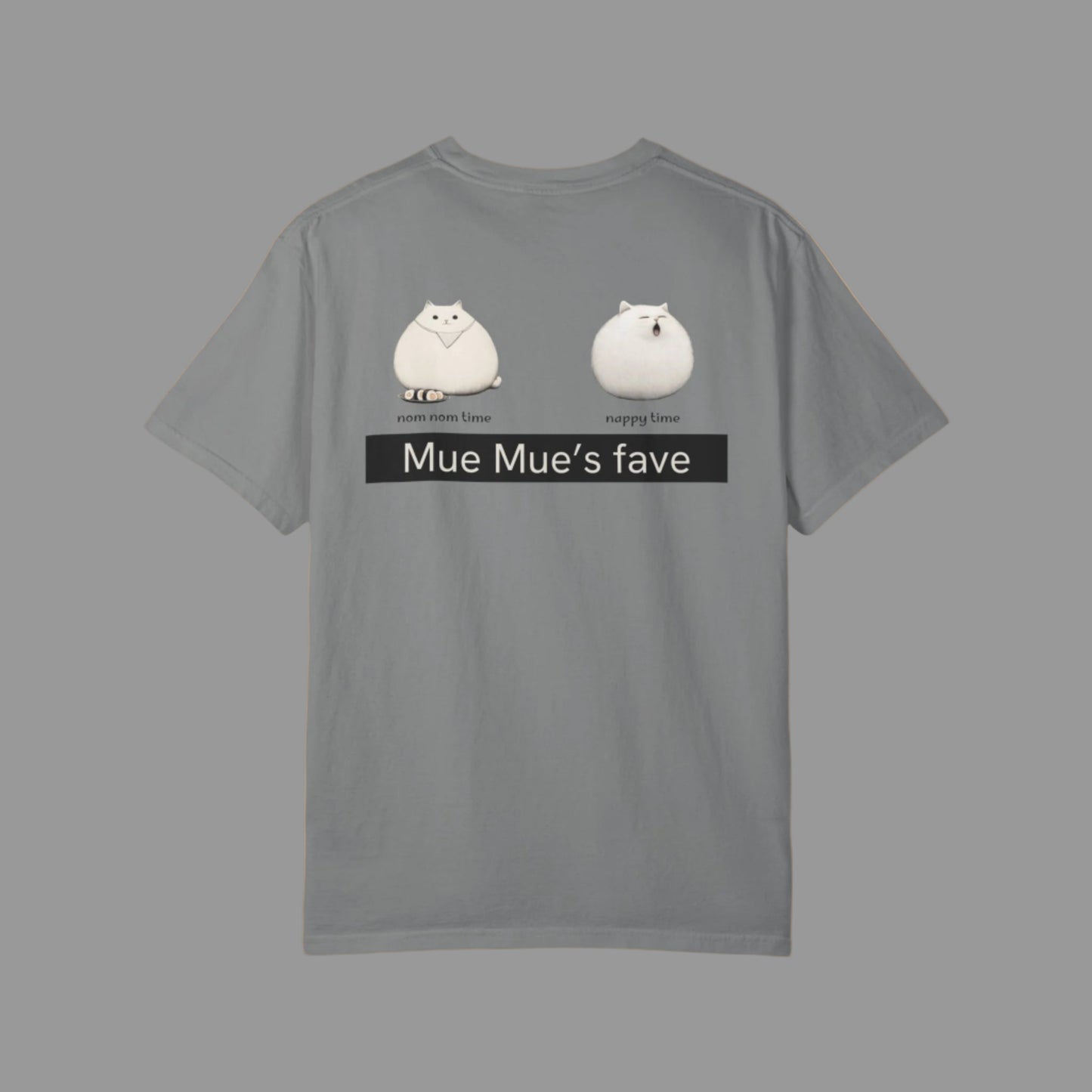 Gray t-shirt with cartoon cat design and text on a white background