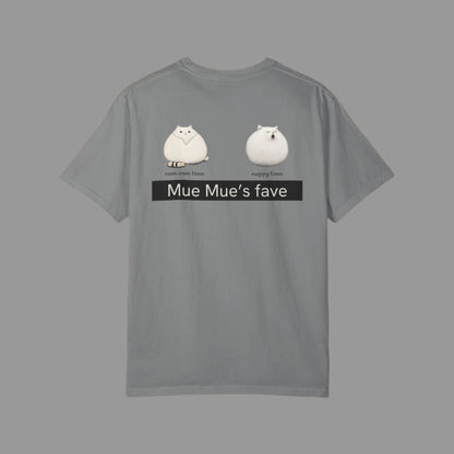 Gray t-shirt with cartoon cat design and text on a white background