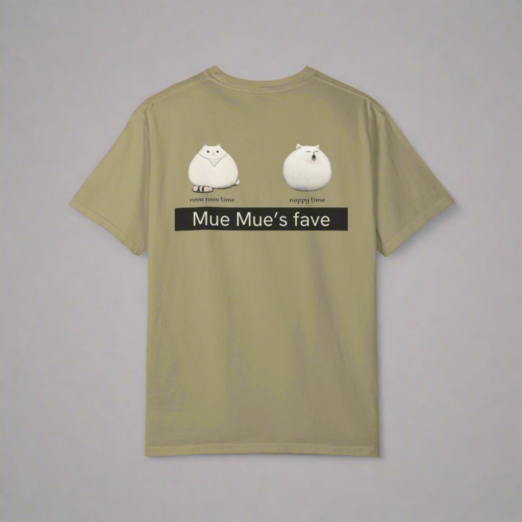 Khaki t-shirt with cartoon characters and text on a white background