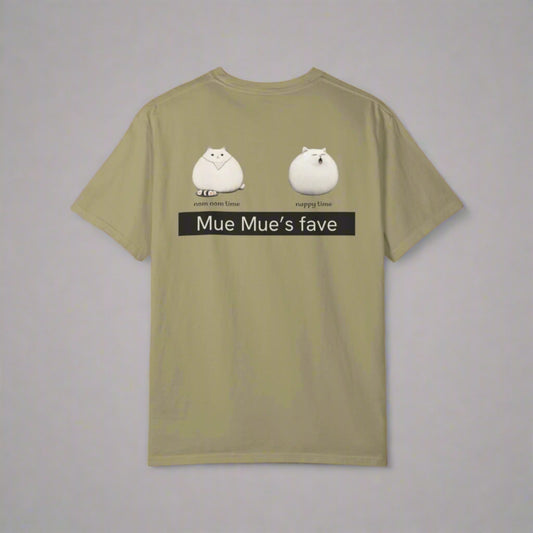 Khaki t-shirt with cartoon characters and text on a white background