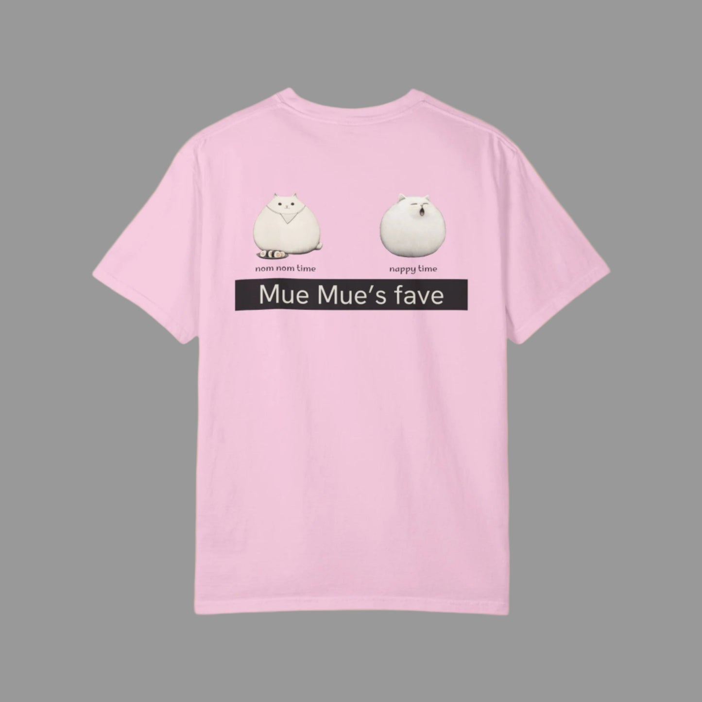 Pink t-shirt with cartoon characters and text on a white background