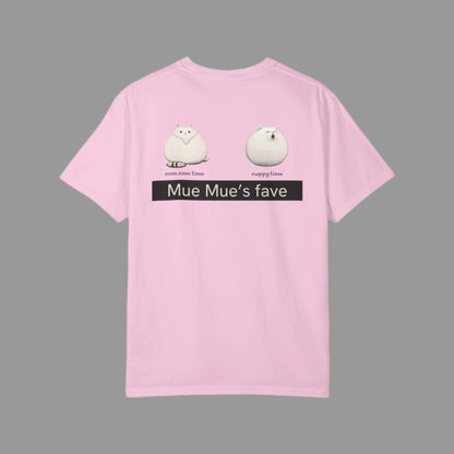 Pink t-shirt with cartoon characters and text on a white background
