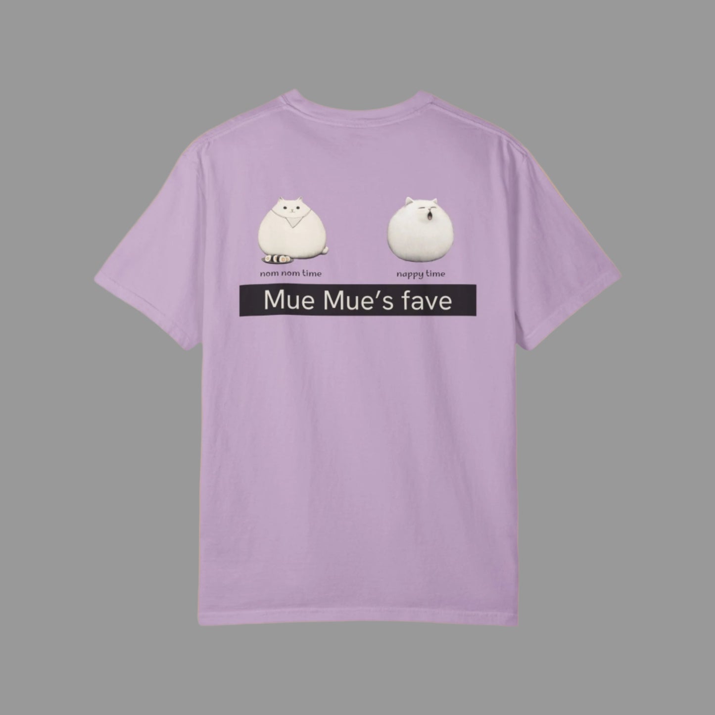 Purple t-shirt with cartoon characters and text on a white background