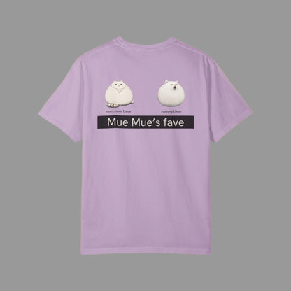 Purple t-shirt with cartoon characters and text on a white background