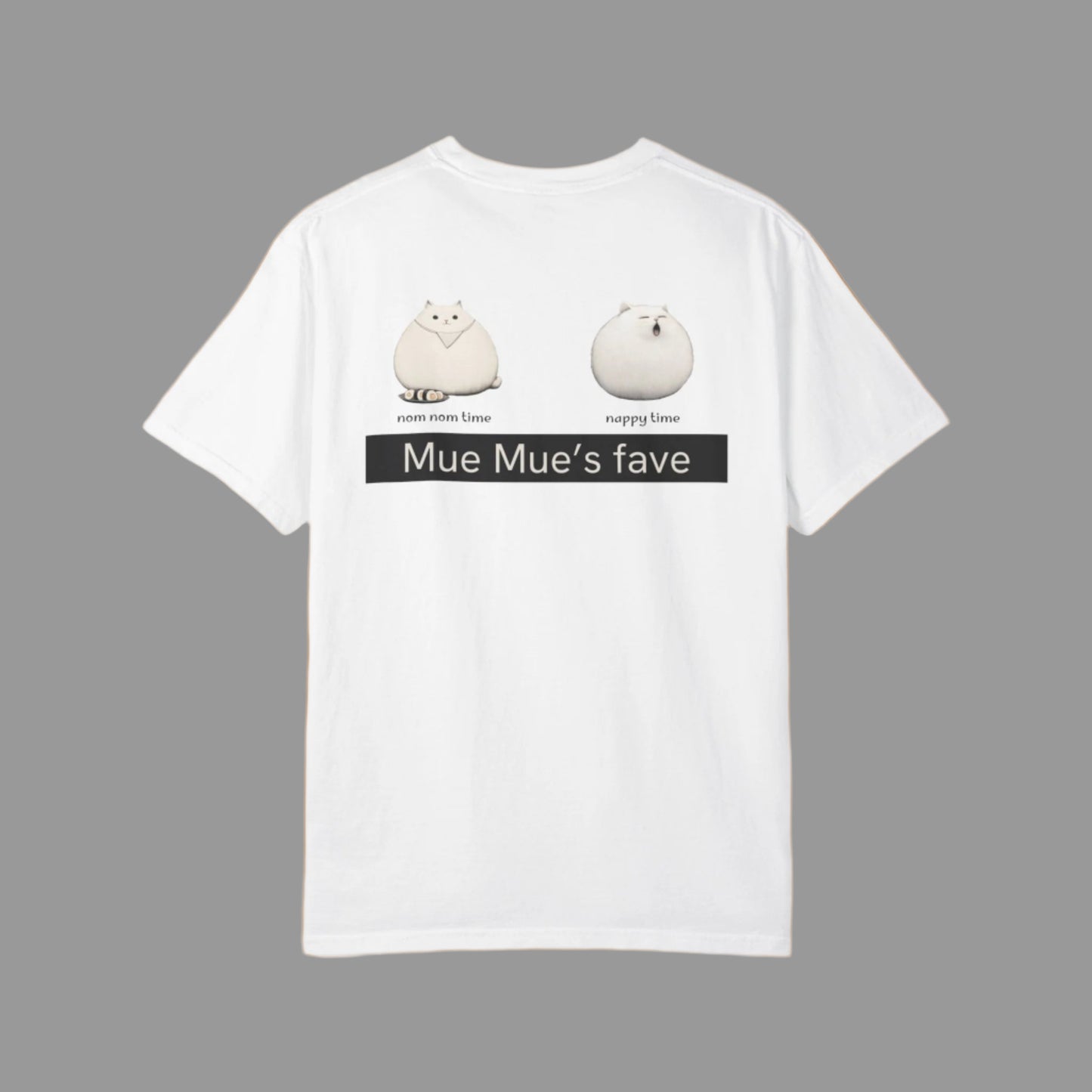 White t-shirt with cartoon characters and text on a white background