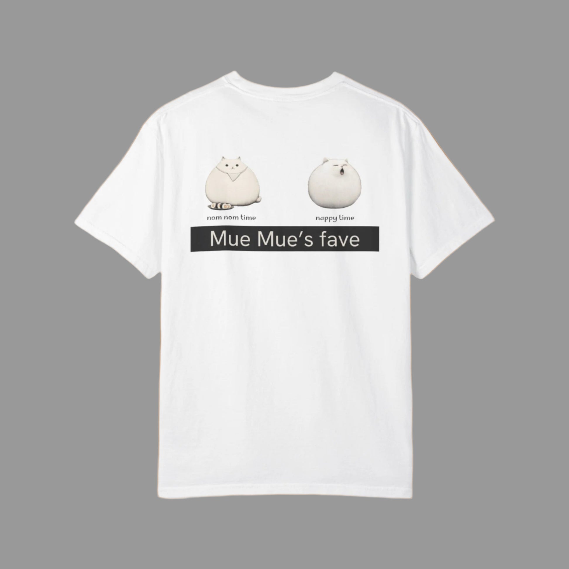 White t-shirt with cartoon characters and text on a white background