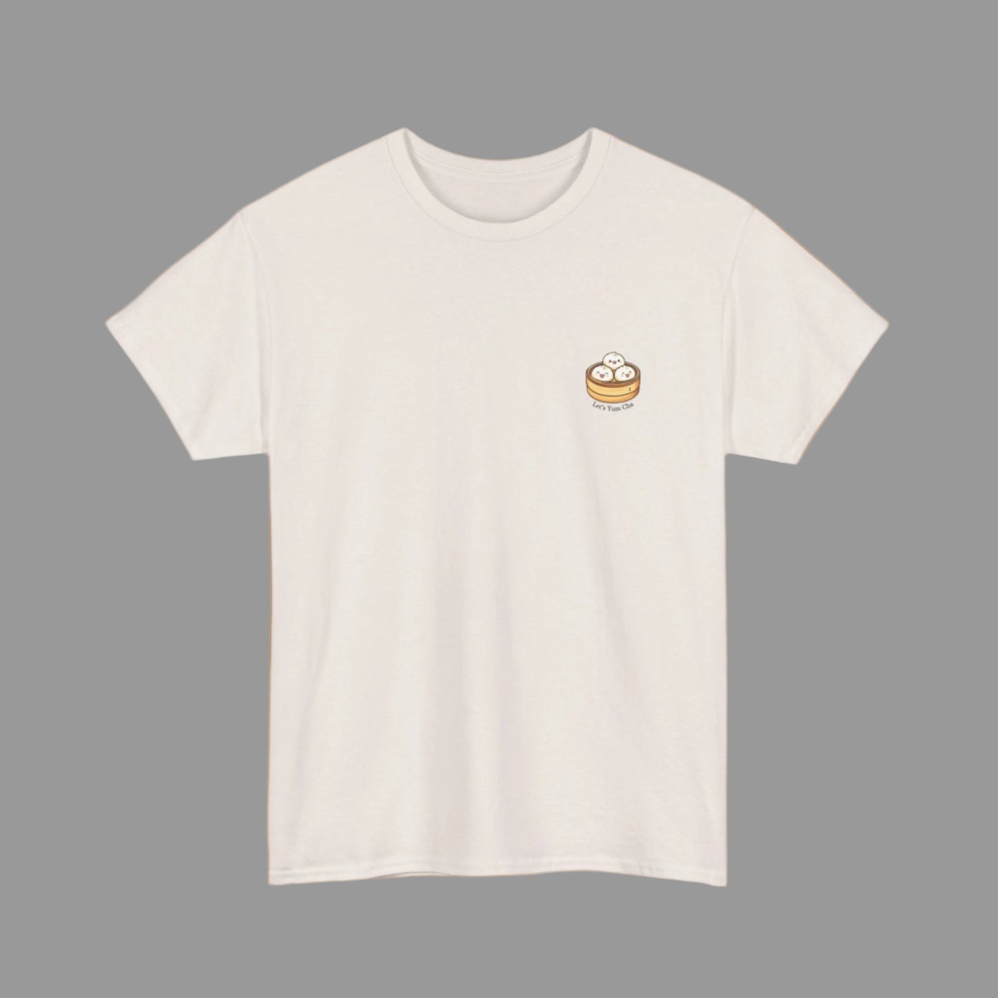 Beige t-shirt with a small graphic on a white background