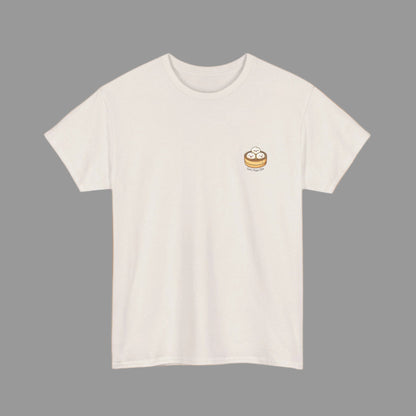 Beige t-shirt with a small graphic on a white background