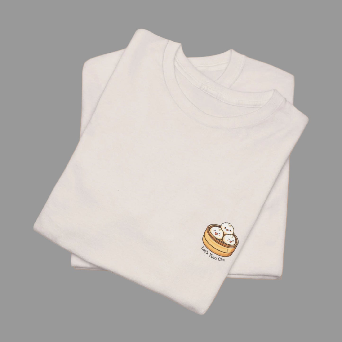 Folded beige shirt with a logo on a white background