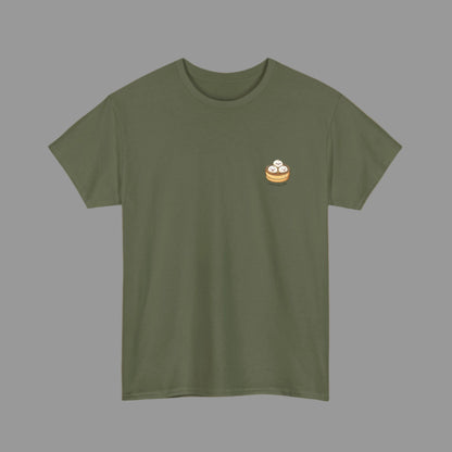 Green t-shirt with a small graphic on the chest against a white background