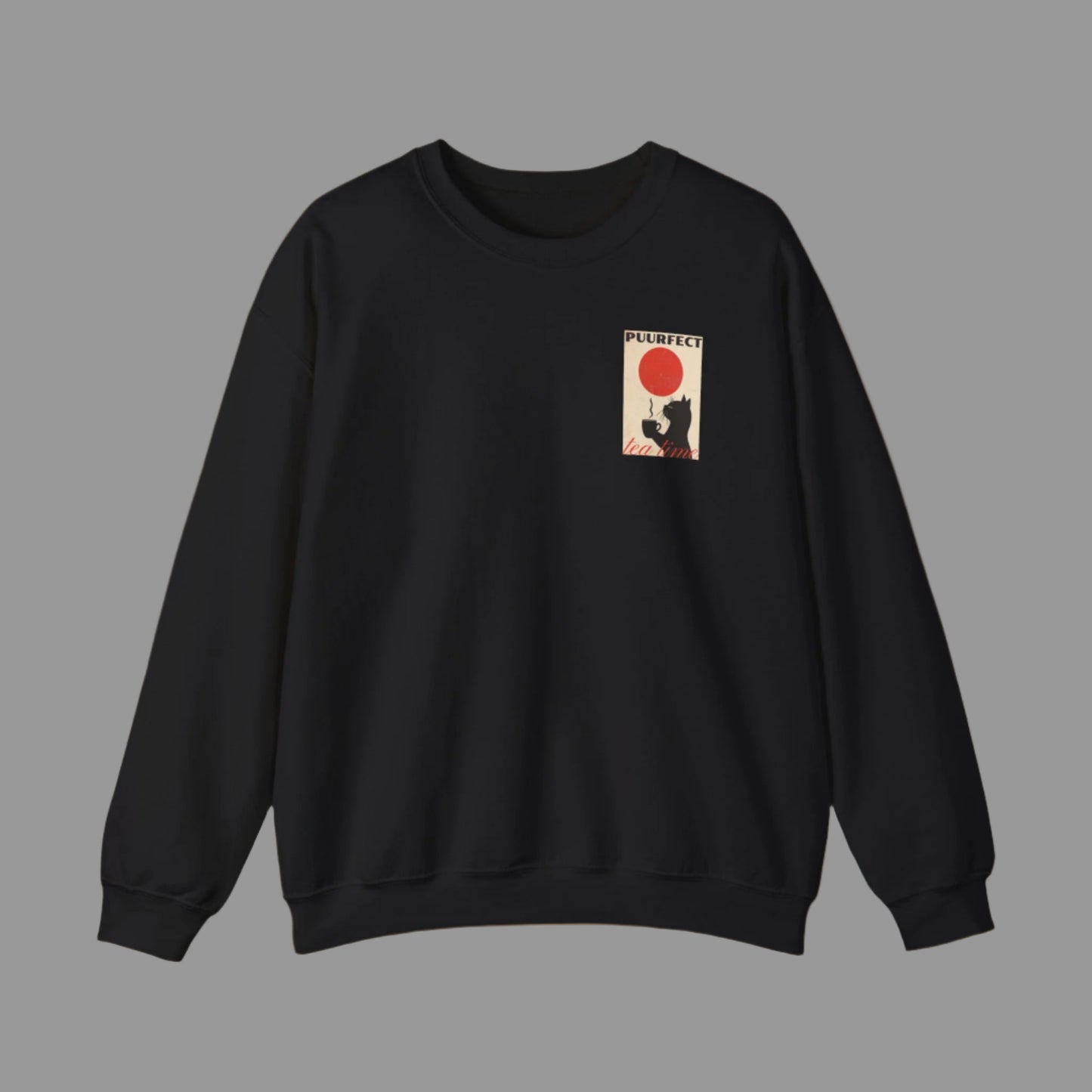 Black sweatshirt with a small graphic on the chest against a white background