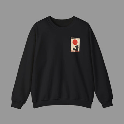 Black sweatshirt with a small graphic on the chest against a white background