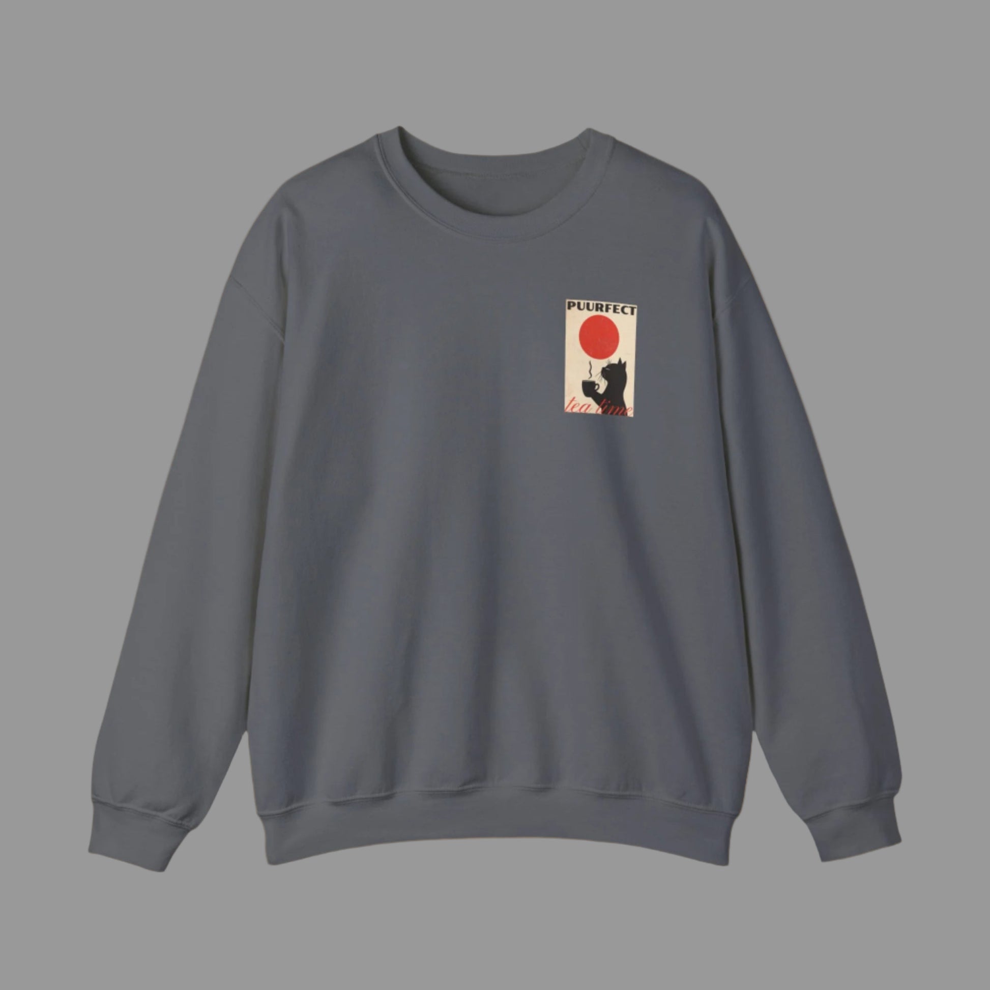Gray sweatshirt with a small graphic on the chest against a white background