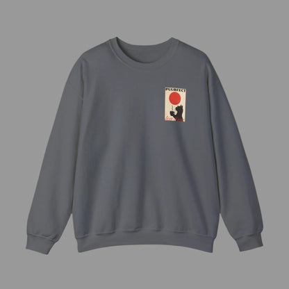 Gray sweatshirt with a small graphic on the chest against a white background