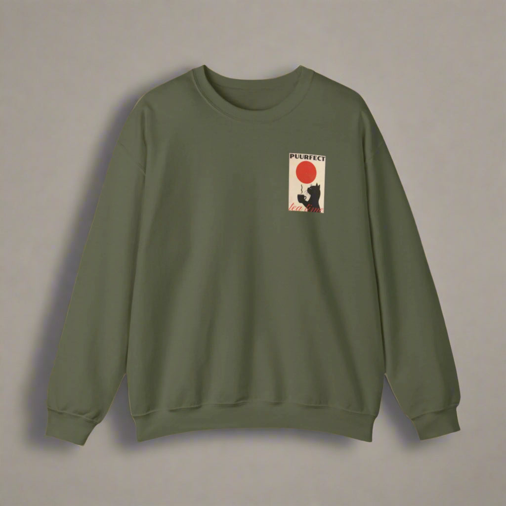 Green sweatshirt with a small graphic on the chest against a white background