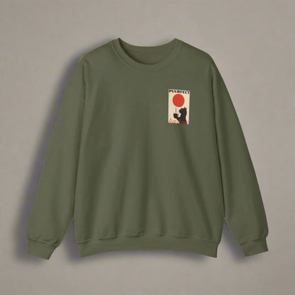 Green sweatshirt with a small graphic on the chest against a white background
