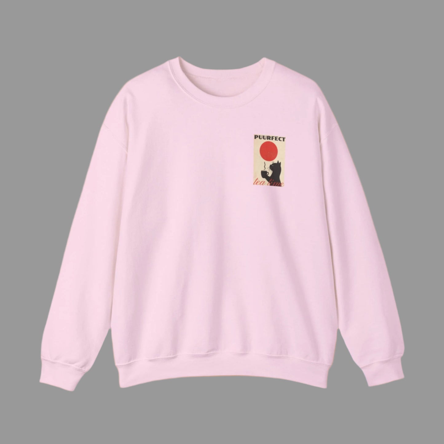 Pink sweatshirt with a small graphic on a white background