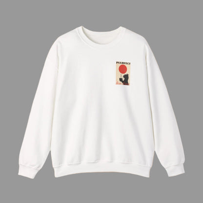 White sweatshirt with a graphic design on a white background